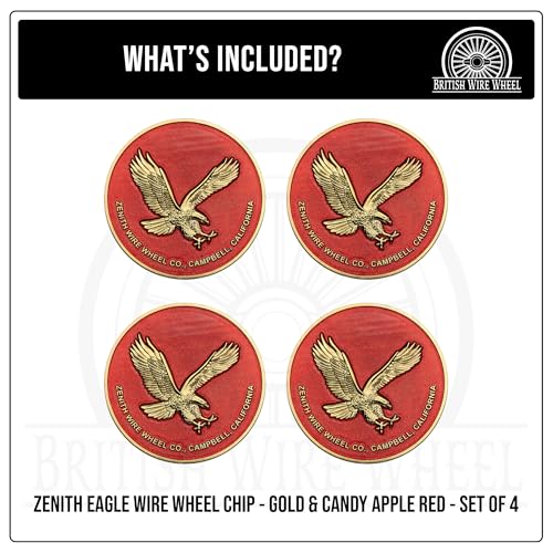 Image of Zenith Eagle Gold & Candy Apple Red Metal Wheel Chip Emblems (Set of 4) | 24K Triple Gold Plated Solid Metal Wheel Chip Emblems, 2.25 inch | for Lowriders w /Recessed KO Spinner Caps