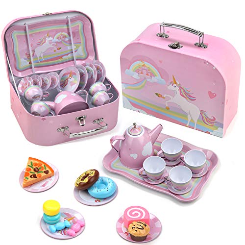24 Piece Tin Tea Set Unicorn Pretend Tea Party Set For Little Girls Pretend Play Kitchen Metal Tea Set With Desserts Include Play Tea PotTea CupsPlates Saucers
