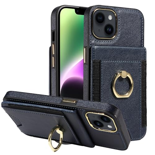 Étui iPhone 14 anti-RFID Tedazo : housse cuir avec anneau 360° et porte-carte, bleu marine