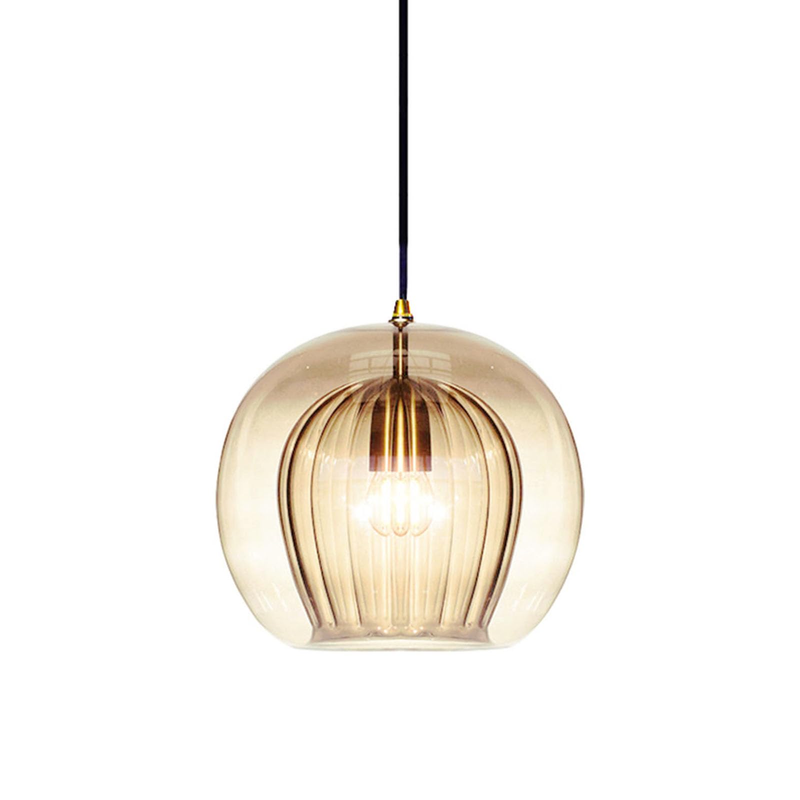 S-Cevada Stunning Double-Layer Glass Ball Pendant Light in Brass Finish, Retro E27 Loft Bar Globe Ceiling Hanging Lamp Indoor Lighting for Bedroom Dining Room (Amber, 25cm)