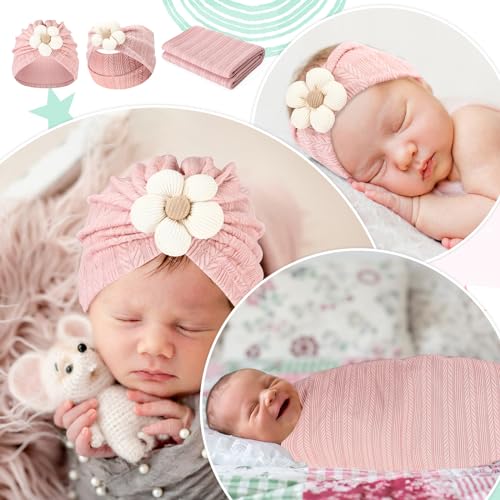 Image of Breling Baby Girl Blankets Newborn Set Newborn Receiving Blanket Baby Flower Headbands 3 Pieces Newborn Accessories Set for Newborn Infant Toddler Kids