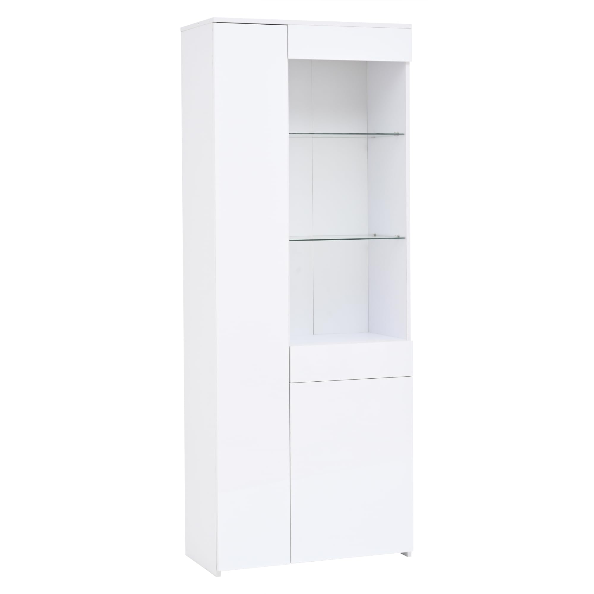 OKMYHOME Vitrina – Armario de almacenamiento con iluminación LED y 2 compartimentos – Tablero de partículas y cristal templado blanco 70 x 35 x 180 cm