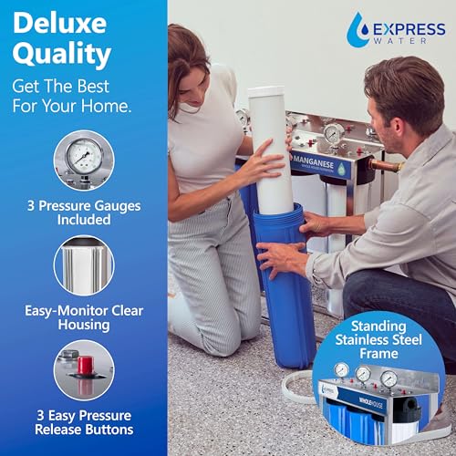 Image of Express Water Whole House Water Filter System | IRON & MANGANESE | 3 Stage Full Home Filtration, Top-Tier Filters Removes Stains /Color on Glass-Ware, Fixtures, Laundry, Signf. Reduces Lead & Arsenic