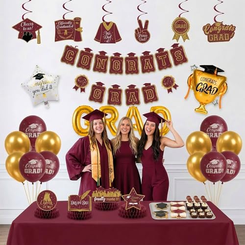 Image of Maroon Gold Balloons Burgundy GRAD Print Balloons with Banner Table Honeycomb Centerpieces Hanging Swirl trophy star GRAD Letters Mylar Balloons for 2026 graduate Prom Decorations