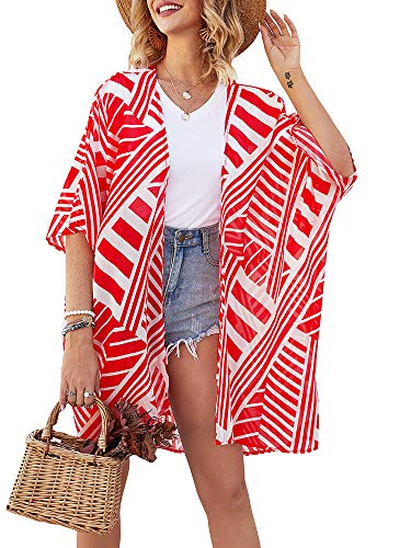 Imprimir Cardigan, Andoer Moda feminina verão listrado estampa cardigã manga curta fina casual boêmi