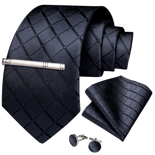 Image of DiBanGu Mens Silk Plaid Tie and Pocket Square Set | Elegant Silk Formal Tie Set, Woven Check Necktie and Cufflinks Tie Clip Set, Perfect for Wedding Party, Comes in Gift Box