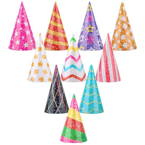 Hxezoc 10 Pcs Glitter Mini Birthday Party Hats Multicolor Paper Cone Hats for Kids Girls Pets Stuffed Animals Birthday Holiday Decoration Supplies