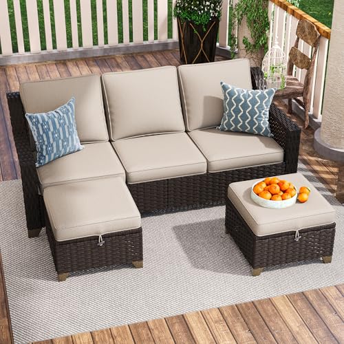 Image of 3 Pieces Outdoor Conversation Furniture Set - 77 inch Patio Sofa, 2 Rattan Wicker Ottomans, Patio Wicker Couch Set with Water-Resistant and Washable Cushions for Sunroom, Deck, Porch (Beige) | Patio Chair Set with Olefin Removable Cushion, All-Weather Outdoor Couch with Deep Seat for Porch, Deck and Backyard, Beige