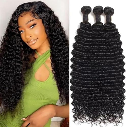 12A Deep Wave Human Hair Bundles 16-20 Inch Black Wet & Wavy