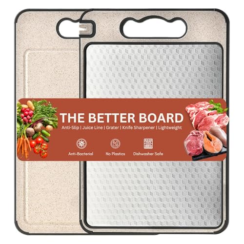 Tabla de cortar doble cara para cocina – Acero inoxidable 304 y paja de trigo, tabla grande para carne, verduras y frutas – Antideslizante, con ranura para jugos, resistente a rayaduras. 36.5 cm x 25 cm