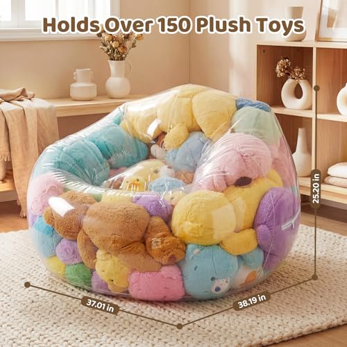 Image of NTYNTY Clear Stuffed Animal Storage Bean Bag Chair, 37 inchx38 inch, Heavy‑Duty 0.35mm PVC Waterproof See‑Through Plush Toy Organizer, Supports 330 Lbs for Kids & Adults