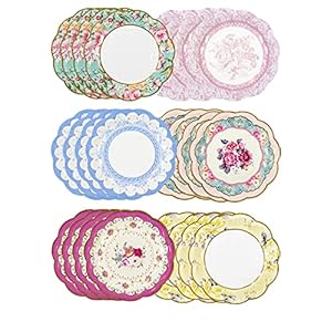 Paquete de 24 platos de papel floral vintage con borde festoneado | Vajilla desechable verdaderamente exquisita para cumpleaños o fiesta en el jardín, té de la tarde, baby shower o bodas, 17,5 cm