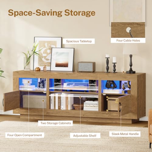 Image of TEENFON TV Stand for 75 inch TV, Entertainment Center with LED Lights & Adjustble Shelves, 27.6 inchH TV Console, Media Console with Open Storage & Side Cabinets, TV Stands for Living Room, Natural Brown