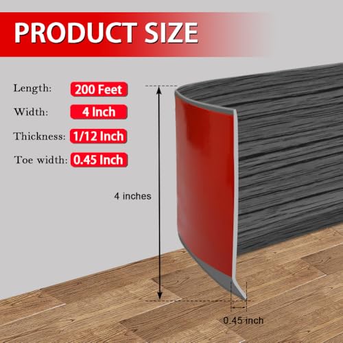 Vinyl Wall Base Baseboard Molding Trim 4" Flexible Self Adhesive Rubber Wall Base Moulding Trim Peel and Stick Design, 4 Inch x 200 Feet, Dark Gray Wood by FONUNO - Image 6