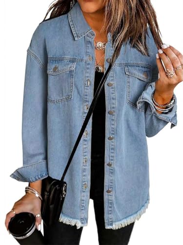 seiveini Jeans Jacken für Damen Jeansjacke Lang Denim Jacke Vintage Übergangsjacke Boyfriend Jacket Button Down A Hellblau M