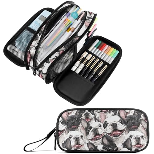 Image of Fustylead Smiling Funny Boston Terrier Dog Pencil Pen Case with 3 Compartments, Lightweight & Spacious Stationery Bag Cosmetics Bag