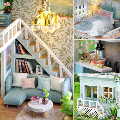 Image of TuKIIE DIY Miniature Dollhouse Kit with Furniture, 1:32 Scale Creative Room Opened & Closed Mini Wooden Doll House for Kids Teens Adults(Warm House)