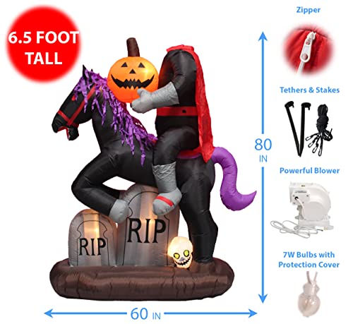 6.5 Foot Tall Lighted Halloween Inflatable Headless Horseman With Horse Tombstones Skull And Pumpkin Lights #TOP1
