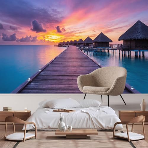Customizable Size Wall Murals,Luxury Tropical Overwater Bungalow Resort Vacation - Dusk Sunset Sky Pier Lanterns,Self - Adhesive Wall Fabric Wallpaper for Living Room