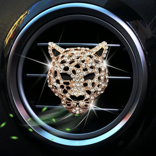 Image of Golden Leopard Head Car Air Vent Freshener Perfume Clip, Rhinestone Car Air Outlet Fragrance Perfume Clip Freshener, Decor（Odor Random）