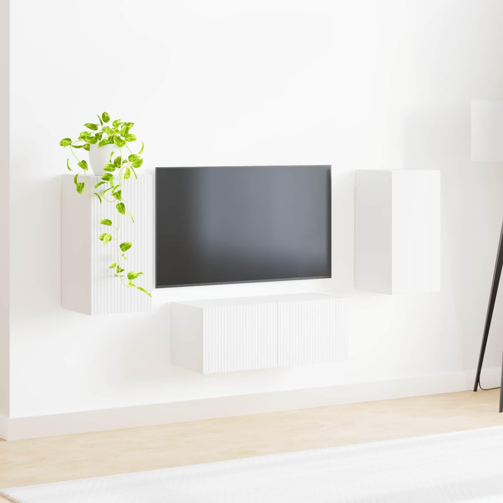 Mueble para TV montado en la pared, 6 piezas, color blanco, de madera resistente, mueble bajo moderno para sala de estar, zona de entretenimiento, gran espacio de almacenamiento