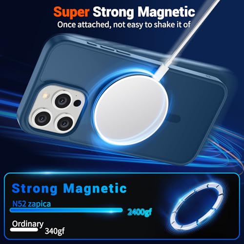 Image of SUPFINE Magnetic for iPhone 15 Pro Case with Screen Protector (Compatible with MagSafe) (Military Grade Drop Protection) Translucent Matte Shockproof with Anti-Fingerprint Phone Case,Deep Blue