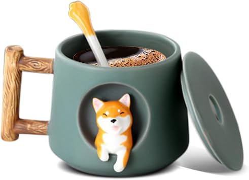 Nizirioo Shiba Inu Coffee Mug 420 ml Ceramic Tea Cup with Lid and Spoon Dogs Ceramic Coffee Cup for Dog Lovers