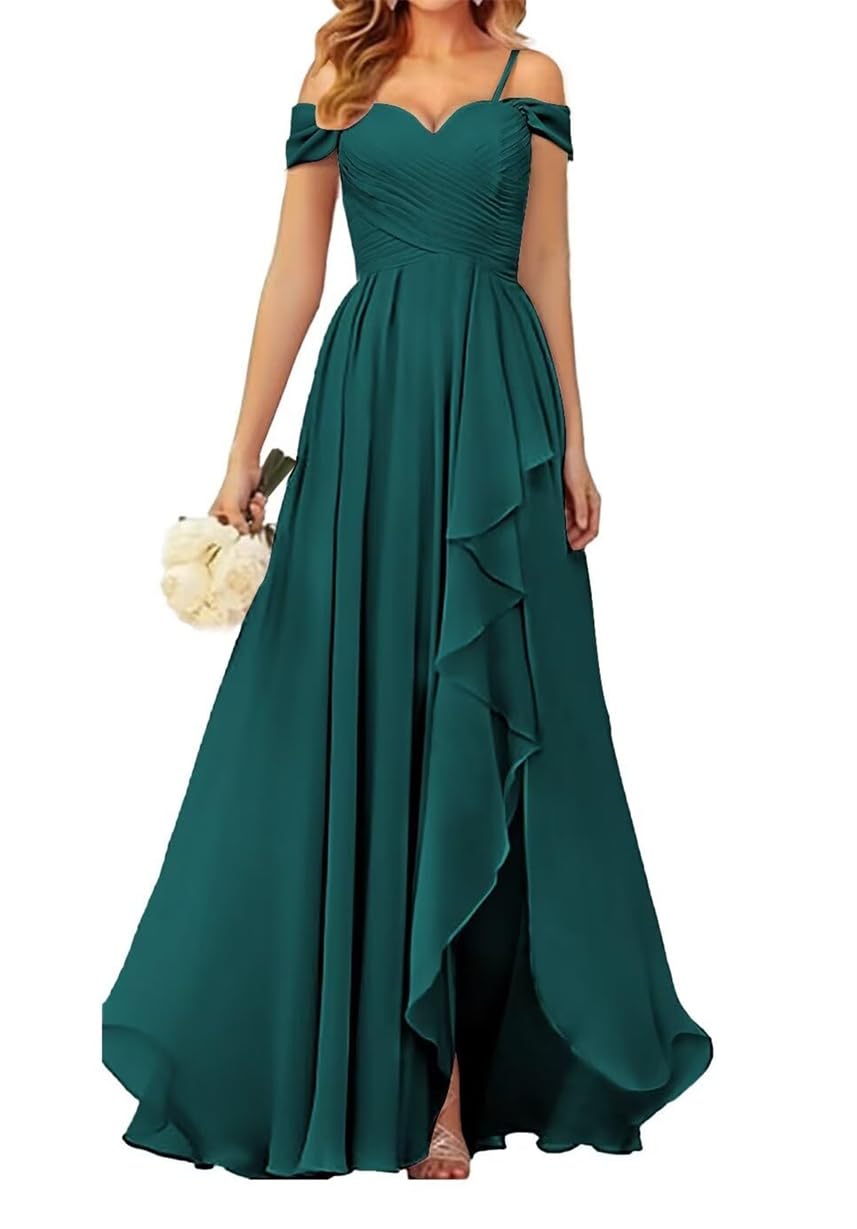 Wseyu Women's Teal Off Shoulder Bridesmaid Dresses For Wedding Chiffon Prom Dresses Long Formal Evening Gown With Slit Uk12