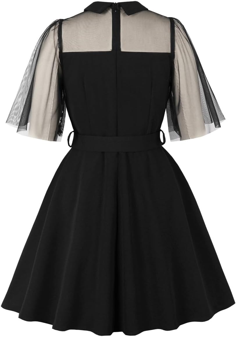 Women's Vintage Gothic Cocktail Dresses Cutout Keyhole Collar Illusion Mesh Sleeve Mini Dress A Line Knee Length Goth Dress - Image 3