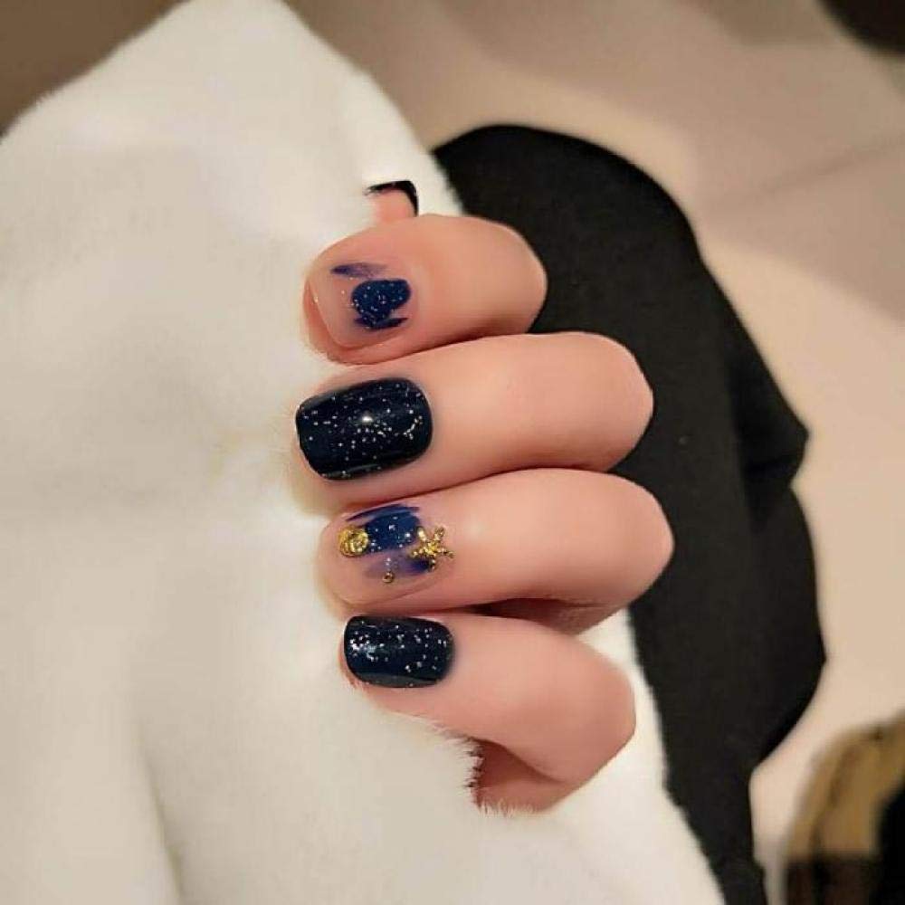 GeRRiT False Nails 24set Blue Starry Sky Short False Nail with Glue Shiny Metal ecoration DIY Full Cover Manicure Tool Nails Tips Patches