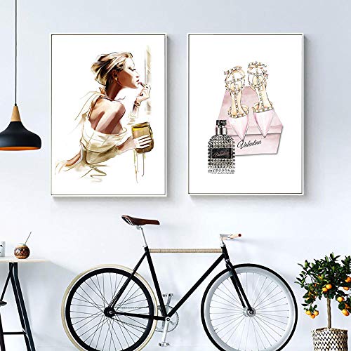 Preisvergleich Produktbild agwKE2 Mode Poster Mädchen Makeup Leinwand Malerei Pflanzenkunst Hochhackige Schuhe Wandkunst Bilder für Wohnzimmer Modernes Parfüm Parfüm / 50x70cmx2 (kein Rahmen)
