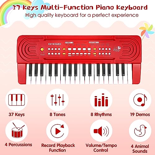 Shayson Kids Piano Keyboard with Microphone 37 Key Portable Music Piano for Childs Educational Electronic Musical Instrument Toys Gift for 3 4 5 6 Year Old Girls Boys Red - Image 2