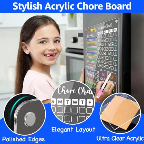 Image of PigPotParty Acrylic Magnetic Chore Chart for Kids, 2 Pack 12 x 9.5 Inch Reward Chart for Multiple Kids and Teens, Dry Erase Chore Board for Fridge, Embedded Magnets, 8 Wet Erase Markers and 1 Towel