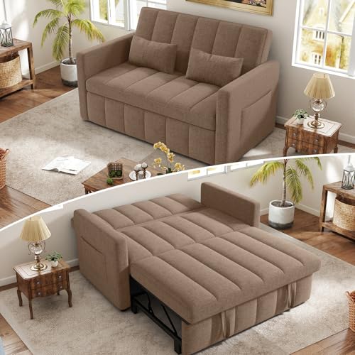 Image of Nebuaegis Sleeper Sofa Bed,3-in-1 Convertible Pull Out Couch with Adjustable Backrest for Living Room,Loveseat Sofa Bed with Side Pockets,Easy Assembly,Brown,1 PCS