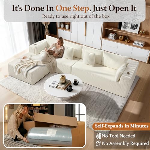 Image of 138 inch Cloud Sectional Couch, Comfort L Shaped Boneless Couch for Living Room, Extra Deep Seats No Assembly, Minimalist Modular Sofa, Corduroy (Cream, 3 Seater+Left Facing Chaise)