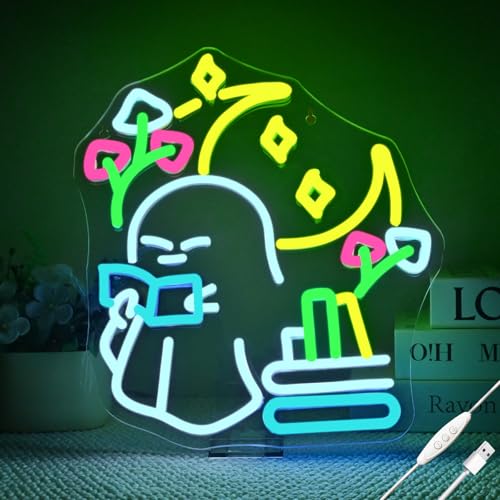 Image of Reading Ghost Neon Sign, Classroom Neon Light, Library & Reading Nook Decor, Study Corner Aesthetic Sign, Back to School Teacher Gift, LED Wall Decor for Bedroom
