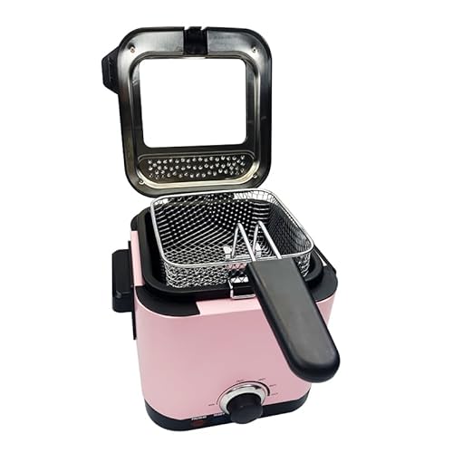 HALF SCALE Electric Immersion Fryer, Removable Fryer Basket, Adjustable Temperature, Lid with Visible Window and Odorless Filter, 1100W 1.6 Qt/1.5L Pink