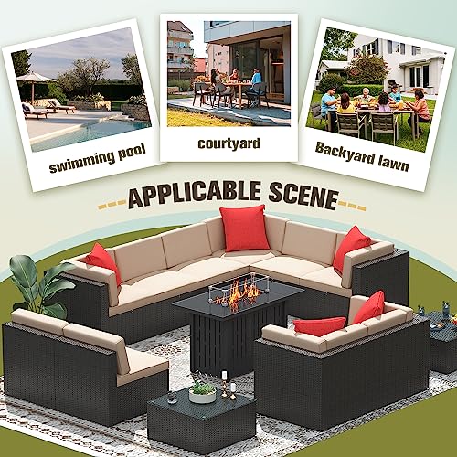 Image of Greesum Patio Furniture Sets 13-Pieces Outdoor PE Rattan Sectional Sofa w /43in Gas Fire Pit Table 55000 BTU Add Warmth to Gatherings Parties On Deck Garden Backyard,Light Beige