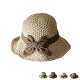 Versatile Retro Woven Handmade Straw Hat with Ruffled Bow, Womens Straw Bucket Hat Foldable Wide Brim Floppy Beach Sun Hats (A#)