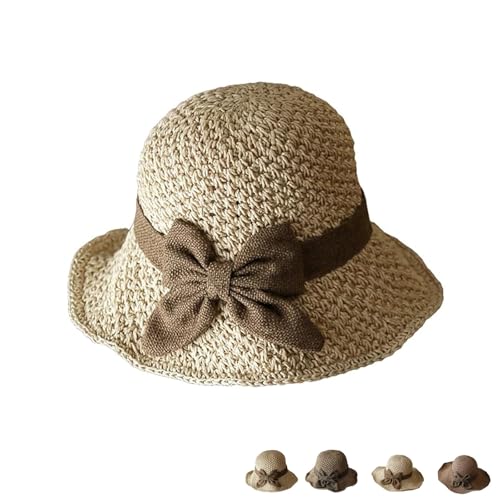 Versatile Retro Woven Handmade Straw Hat with Ruffled Bow, Womens Straw Bucket Hat Foldable Wide Brim Floppy Beach Sun Hats (A#)