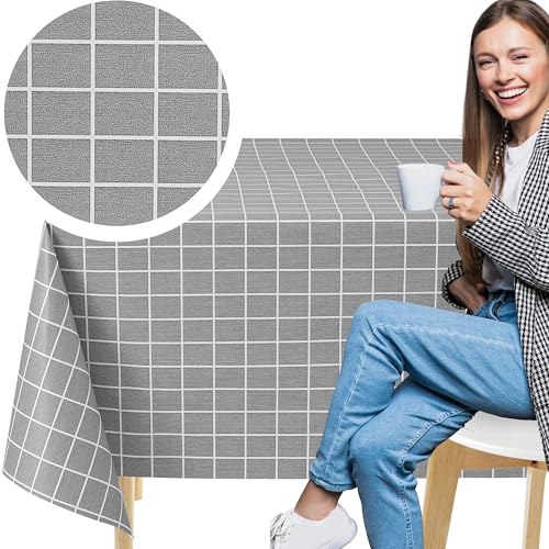 KP HOME Toalha de mesa retangular, 200 x 137 cm, toalhas de mesa em PVC para exterior e interior, pano de óleo, vinil toalha de mesa impermeável, antimanchas, com grade cinzenta moderna