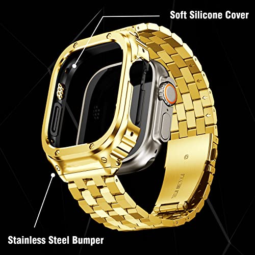 Image of SUPLINK Stainless Steel Case with Band Compatible with Gold Apple Watch Ultra 2 Bands / 1 / Apple Ultra Watch 3 Bands Men, Metal Rugged Protective Bumper for iWatch Bands 49mm