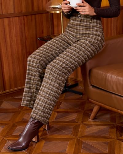 GRAPENT Plaid Pants for Women Wide Leg High Waisted Tartan Work Business Casual Elastic Waist Trousers Pants with Pocket3