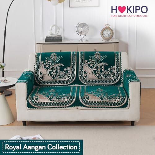 Image of HOKIPO Mehfil Teal Premium Chenille Jacquard Sofa Cover for 2 Seater for Seat & Back, 'Royal Aangan Series' (IN-1007-L7*2)
