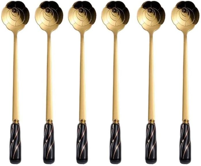 Miniatura 2 de Cucharas mezcladoras de cóctel de acero inoxidable, cuchara de café para postre de té helado, color oro negro, juego de 6 unidades MBBITL con mango