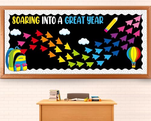 Soaring Into A Great Year Bulletin Board Set Hot Air Balloon Classroom Bulletin Board Decors Paper Plane Name Tag Cutouts for Back to School Classroom Office Home Chalkboard Window Wall Door Supplies