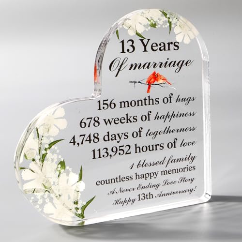 ZuEiiDop 13th Wedding Anniversary Cardinal Gift for Her Him Lace Wedding Souvenir 13 Year Anniversary Cake Topper Lace Flower Acrylic Heart Sign Keepsake Gift for Him Husband Wife 13 Years of Marriage