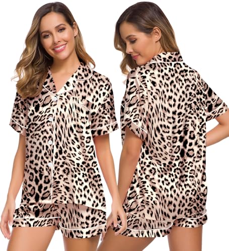 Image of SWOMOG Womens Silk Satin Pajamas Set Short Sleeve Sleepwear Button Down Top and Shorts Loungewear 2 Piece Pjs Set XS-3XL Wavy Leopard XXX-Large