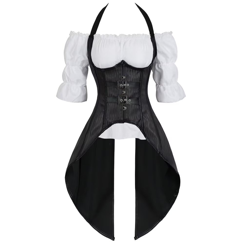 Underbust Corset Bustier top White Blouse Halter Neck 2 Piece Outfits for Women Set Exotic Gothic