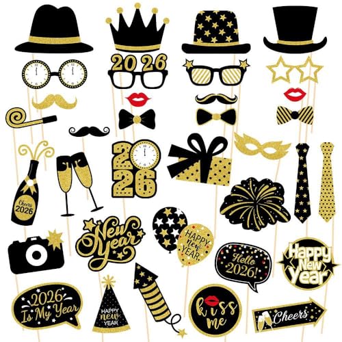 New Year’s Photo Booth Props 2026 – Pack of 35, Nye | Eve Party Supplies Happy Year Decorations